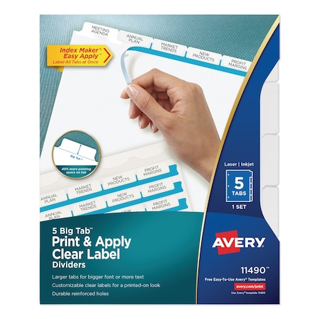 Avery Print and Apply Index Maker Clear Label Dividers, 5 White Tabs, Letter 11490